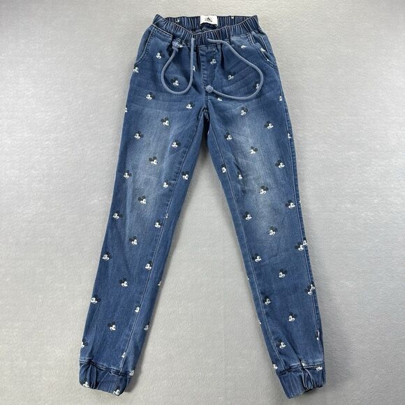 Disney Parks Mickey Mouse Denim Joggers Size XXS Jeans Pants Allover Print Hip - Picture 1 of 12